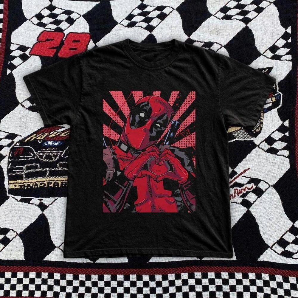 Black Deadpool Graphic Tee With Red Accents